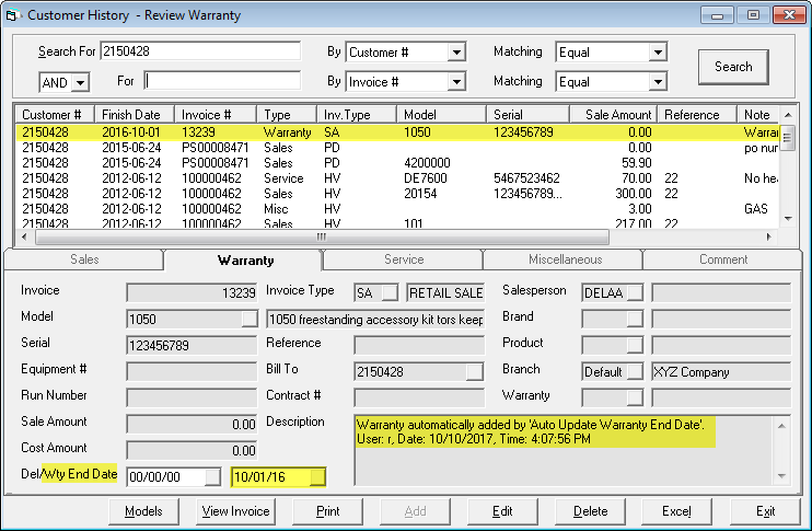 Auto Update Warranty Customer History