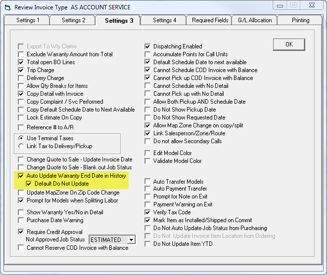 Auto Update Warranty Invoice Type