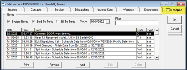 A deleted comment recorded in the Invoice Notepad