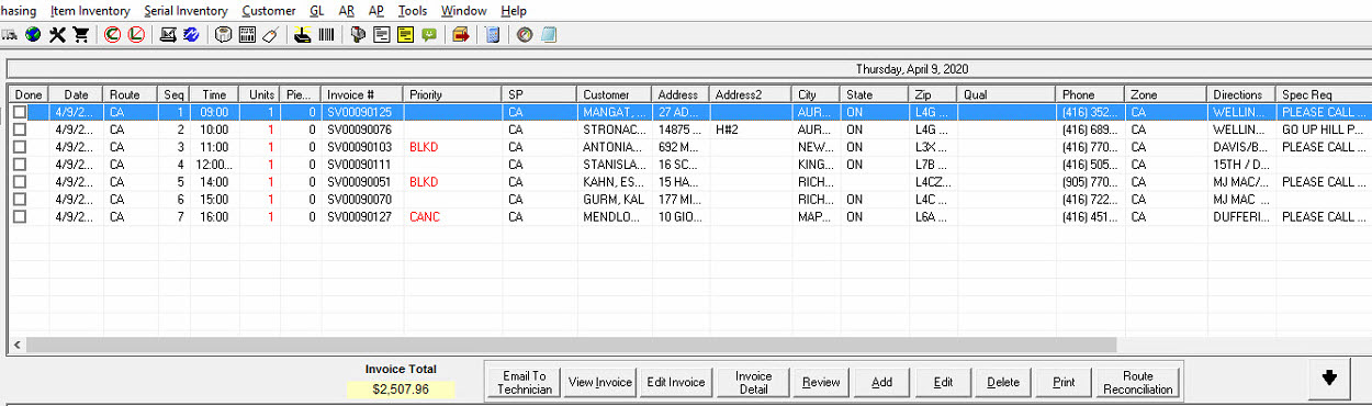 Routing Screen - Service Invoices