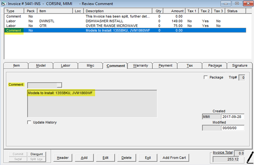 Labor Invoice Comment