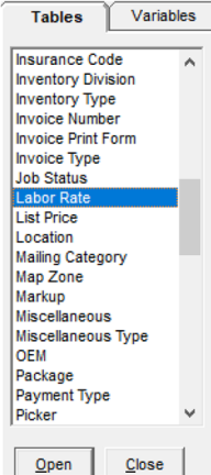 Labor Rate Table