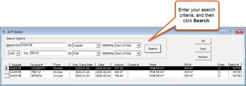 Enter Supplier AP History search criteria and the click Search
